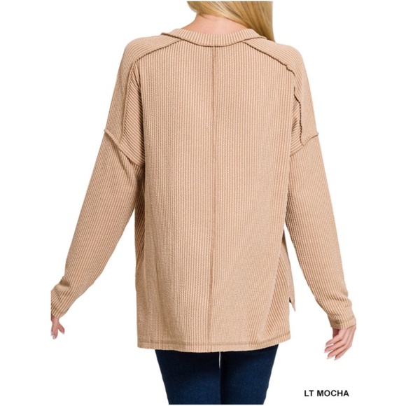 Zenana Solid Ribbed Knit V neck Reverse Stitch Long Sleeve Top - Picture 4 of 5